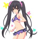  1girl bare_shoulders bikini black_hair blush breasts cleavage hair_ornament long_hair looking_at_viewer neptune_(series) noire red_eyes ribbon solo swimsuit twintails very_long_hair 