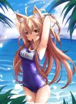  1girl adjusting_hair ahoge animal_ears armpits arms_up beach blonde_hair blush breasts cat_ears cleavage collarbone covered_navel day dripping glint hair_between_eyes highres horizon legs_together light_rays long_hair looking_at_viewer name_tag one-piece_swimsuit original palm_tree plant school_swimsuit skin_tight solo sora_(dkssud6580) sunlight swimsuit tareme thighs tree tying_hair very_long_hair water water_drop wet wet_clothes wet_hair wet_swimsuit 