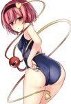  1girl :o alternate_costume ass blush cowboy_shot eyeball hairband heart highres janne_cherry komeiji_satori looking_at_viewer looking_back one-piece_swimsuit pink_eyes pink_hair school_swimsuit short_hair small_breasts solo swimsuit third_eye touhou wet white_background 