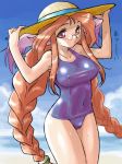  1girl beach blush breasts breath_of_fire breath_of_fire_iii clouds covered_navel covered_nipples dr.p glasses momo_(breath_of_fire) ocean one-piece_swimsuit school_swimsuit solo swimsuit translation_request 