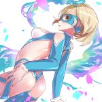  1girl ass bare_shoulders breasts brown_eyes cosplay djeeta_(granblue_fantasy) from_behind granblue_fantasy large_breasts leotard looking_at_viewer looking_back mask open_mouth rainbow_mika rainbow_mika_(cosplay) short_hair smile solo street_fighter street_fighter_v tajima_ryoushi wrestling_outfit 