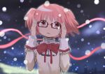  adjusting_glasses bespectacled blush glasses kaname_madoka looking_at_viewer mahou_shoujo_madoka_magica open_mouth pink_eyes pink_hair red-framed_glasses ribbon rin2008 school_uniform semi-rimless_glasses snow tears twintails under-rim_glasses 