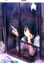  1girl black_hair green_eyes highres kako_(kantai_collection) kantai_collection one_eye_closed rain school_uniform serafuku teruterubouzu ugume window 