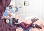  1girl aqua_eyes blue_hair couch curtains earrings food_themed_hair_ornament garter_straps grape_hair_ornament hair_ornament hatsune_miku high_heels highres jewelry lipstick long_hair looking_at_viewer makeup mirror ninagawa_tsuki smeared_lipstick solo thigh-highs vocaloid 