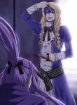  blood blue_hair cravat crossdressinging dagger kaito kamui_gakupo laughing long_hair ponytail purple_hair ria02716 short_hair venomania_kou_no_kyouki_(vocaloid) vocaloid weapon wig 