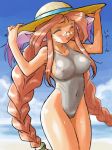  1girl beach blush breasts breath_of_fire breath_of_fire_iii clouds covered_navel covered_nipples dr.p glasses momo_(breath_of_fire) ocean one-piece_swimsuit solo swimsuit tan 