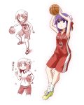  1girl arms_up basketball basketball_uniform bike_shorts flower hair_flower hair_ornament hieda_no_akyuu kousei_(public_planet) purple_hair shirt shorts sleeveless sleeveless_shirt smile solo sportswear thumbs_up touhou violet_eyes 