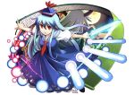  1girl back-to-back blue_dress blue_hair danmaku dated dress dual_persona ex-keine full_body full_moon hakoniwa_tsuka hat kamishirasawa_keine long_hair looking_at_viewer moon outstretched_arms puffy_short_sleeves puffy_sleeves red_eyes scroll short_sleeves sidelocks signature sword touhou weapon white_background 