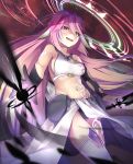  1girl angel_wings blush breasts bridal_gauntlets cross drooling feathered_wings fuchima gloves halo highres jibril_(no_game_no_life) long_hair low_wings magic_circle midriff mismatched_legwear navel no_game_no_life pink_hair saliva sideboob solo symbol-shaped_pupils thigh-highs very_long_hair white_wings wing_ears wings yellow_eyes 
