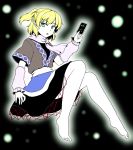  1girl arm_warmers aura barefoot blonde_hair danmaku gomi_(gomitin) green_eyes looking_at_viewer mizuhashi_parsee open_mouth pointy_ears ponytail sash scarf shirt short_sleeves skirt solo spell_card touhou 