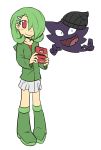  1girl absurdres airalin_(mark_folks) animalization artist_self-insert beanie boots commentary_request earrings gardevoir green_hair hair_ornament hair_over_one_eye hairclip handheld_game_console hat haunter highres hood hoodie humanization jewelry knee_boots looking_at_viewer mark_folks nintendo_3ds open_mouth pigeon-toed pokemon pokemon_(creature) red_eyes short_hair simple_background skirt smile white_background 