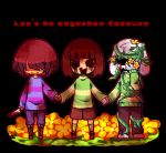  1boy androgynous asriel_dreemurr bad_end blood bloody_tears brown_hair chara_(undertale) corruption crying evil_smile frisk_(undertale) hand_on_own_face holding_hands knife macotea monster_boy no_eyes open_mouth plant shirt shorts slime smile spoilers striped striped_shirt striped_sweater sweater thorns undertale vines yellow_flower 
