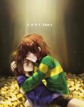  androgynous brown_hair chara_(undertale) crying death flower flower_bed frisk_(undertale) highres kazuya_(lostnight) short_hair spoilers striped striped_sweater sweater tears undertale 
