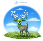  :3 antlers black_eyes closed_mouth creature cryptid_creations deer fawn field flower flower_field full_body leaf no_humans original simple_background smile standing white_background white_flower 