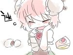  1girl ^_^ bandages blush_stickers bun_cover cake chibi closed_eyes commentary_request double_bun food hammer_(sunset_beach) ibaraki_kasen mochi open_mouth pink_hair pugg short_hair sketch solo touhou translation_request wagashi 