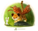  animal antennae black_eyes bush claws closed_mouth creature cryptid_creations evil_smile fang full_body grass insect insect_wings moth no_humans plant rabbit rock simple_background smile stone teeth tiger watermark web_address whiskers white_background wings 