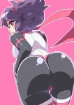  1girl ass bodysuit breasts leaning_forward long_hair looking_at_viewer looking_back pilot_suit pink_background pink_eyes pixiv_robot_wars pure_(kawamoto_nami) purple_hair scarf shiny shiny_clothes short_hair simple_background solo thigh_gap thighs 
