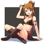  1girl :d ahoge animal_ears arm_at_side arm_up armlet armpits bare_shoulders bikini_top black_background blue_eyes blush boots border bracelet breasts brown_bikini brown_boots brown_hair brown_skirt cleavage collarbone crossed_legs dog_ears full_body gem glint gradient_hair hair_ornament hair_scrunchie highres idolmaster idolmaster_million_live! indian_style jewelry kemonomimi_mode knee_boots looking_at_viewer multicolored_hair nanotsuki necklace open_mouth pendant ponytail purple_hair scrunchie sidelocks simple_background sitting skirt smile solo spread_legs strap_gap striped tassel thighs tokoro_megumi vertical_stripes white_border 
