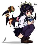  black_hair blush doughnut drink drinking filia_(skullgirls) food food_on_head george_the_bomb hamburger highres long_hair object_on_head pizza red_eyes samson_(skullgirls) school_uniform shotahunter skullgirls smile squatting sweat thigh-highs thighs zettai_ryouiki 