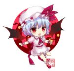  1girl absurdres artist_name ascot bat_wings blood chibi cup eierra fang hat hat_ribbon highres lavender_hair mob_cap puffy_sleeves red_eyes remilia_scarlet ribbon short_sleeves solo touhou wings wrist_cuffs 