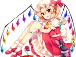  1girl :d :o black_background blonde_hair blood flandre_scarlet flower from_side full_body kurisu_sai looking_at_viewer mary_janes open_mouth red_eyes revision rose shoes simple_background sitting skirt smile socks solo stuffed_animal stuffed_bunny stuffed_toy touhou white_background white_legwear wings 