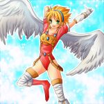  1girl angel_wings armor blonde_hair boots breasts breath_of_fire breath_of_fire_i gloves green_eyes hairband leotard nina_(breath_of_fire_i) short_hair small_breasts solo thigh-highs white_wings wings 