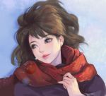  1girl blue_eyes brown_hair long_hair looking_away lying on_back original puky red_scarf scarf snow solo winter 