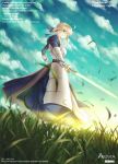  1girl ahoge aiovia armor armored_dress artist_name blonde_hair breastplate copyright_name dress english excalibur fate/stay_night fate_(series) grass green_eyes highres saber smile solo sword text type-moon watermark weapon web_address 