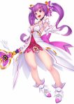  1girl :d aisha_(elsword) breasts cleavage dimension_witch_(elsword) elsword full_body gloves hair_ornament hairclip highres long_hair looking_at_viewer open_mouth outstretched_hand pak_ce pink_skirt purple_hair shoes skirt smile solo staff twintails violet_eyes white_background white_gloves white_shoes 