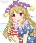  1girl american_flag_shirt bangs blonde_hair blush breasts clownpiece collar egret fairy_wings fang frilled_collar frills hat highres jester_cap long_hair open_mouth polka_dot red_eyes shirt short_sleeves simple_background solo star striped touhou upper_body v_arms very_long_hair wings 