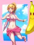 1girl banana beach bellhenge bikini blonde_hair food fruit highres super_mario_bros. navel nintendo ocean princess_peach sandals solo stomach super_mario_bros. swimsuit umbrella 