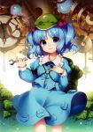  1girl :3 absurdres backpack bag blue_eyes blue_hair blush hair_bobbles hair_ornament hat highres kawashiro_nitori key long_sleeves looking_at_viewer masaru.jp opal scan shirt skirt skirt_set smile solo sparkle string touhou twintails two_side_up vest wrench 