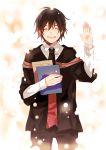  1boy ^_^ ansatsu_kyoushitsu black_necktie black_pants blurry blush book closed_eyes collared_shirt cowboy_shot glowing holding holding_book koro-sensei light_particles long_sleeves male_focus necktie open_mouth pants red_(girllove) shirt smile solo spoilers white_background white_shirt 