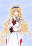  1girl 2016 blonde_hair blue_background blue_eyes blush breasts cecilia_alcott colored_pencil_(medium) dated drill_hair highres infinite_stratos long_hair potekite smile solo traditional_media uniform 