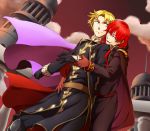  2boys blonde_hair blue_eyes camus cape fire_emblem fire_emblem:_shin_monshou_no_nazo gloves highres long_hair misheil_(fire_emblem) mtbluesea multiple_boys open_mouth red_eyes redhead yaoi 