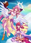  2girls angel_wings bare_shoulders blue_eyes book boots bow bowtie breasts cleavage dress feathered_wings flower gloves hair_flower hair_ornament halo jibril_(no_game_no_life) long_hair low_wings magic_circle midriff mismatched_legwear multicolored_eyes multicolored_hair multiple_girls navel no_game_no_life orange_eyes pink_hair redhead short_hair sideboob sitting skirt stephanie_dora strongwang_qq tattoo thigh-highs very_long_hair violet_eyes white_wings wing_ears wings 
