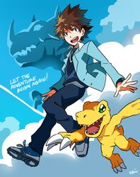  1boy agumon brown_hair digimon digimon_adventure digimon_adventure_tri. sei_(seiryuuden) smile yagami_taichi 