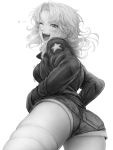  bangs bomber_jacket breasts commentary_request curly_hair from_behind girls_und_panzer hands_in_pockets imizu_(nitro_unknown) jacket kay_(girls_und_panzer) looking_at_viewer looking_back monochrome one_eye_closed open_mouth parted_bangs shorts smile star thigh-highs 