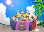  5plus5 6+boys alcohol blue_sky bowl_cut brothers brown_hair clouds cup drinking drinking_glass driving eating food fruit hanten_(clothes) heart heart_in_mouth kotatsu lens_flare male_focus mandarin_orange matsuno_choromatsu matsuno_ichimatsu matsuno_juushimatsu matsuno_karamatsu matsuno_osomatsu matsuno_todomatsu multiple_boys osomatsu-kun osomatsu-san pajamas palm_tree racecar sextuplets siblings sky smile stack standing table tree wine wine_glass yunomi 