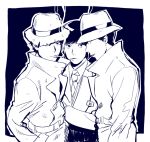  2boys 5plus5 cigarette crossed_arms dark_background detective fedora hand_in_pocket hat looking_at_viewer looking_to_the_side matsuno_choromatsu matsuno_ichimatsu matsuno_todomatsu multiple_boys osomatsu-kun osomatsu-san simple_background smoking torn_clothes trench_coat 