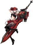  1girl alisa_ilinichina_amiella arm_behind_head armpits arms_up black_boots black_gloves boots breasts cabbie_hat elbow_gloves fingerless_gloves full_body gloves god_eater god_eater_burst hat huge_weapon large_breasts long_hair looking_at_viewer navel official_art plaid simple_background skirt solo suspender_skirt suspenders sword thigh-highs thigh_boots transparent_background weapon white_background 