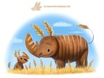  :d baguette black_eyes blue_sky bread closed_mouth corn_field creature cryptid_creations day eye_contact field food horns looking_at_another mother_and_child no_humans open_mouth plant rhinoceros simple_background sitting sky smile standing watermark web_address white_background 