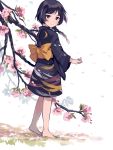  1girl barefoot black_eyes black_hair blush braid branch cherry_blossoms highres japanese_clothes kimono original petals single_braid solo tan_(tangent) 