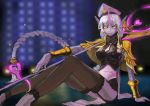  1girl absurdres artist_request black_legwear bracelet braid hat highres jewelry league_of_legends legband long_hair looking_at_viewer midriff pointy_ears ponytail purple_skin sitting solo soraka staff tagme thigh-highs very_long_hair white_hair yellow_eyes 