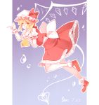  1girl absurdres artist_name banbao blonde_hair bow crystal dated dress flandre_scarlet full_body gloves hat hat_bow highres mob_cap orange_eyes pointing puffy_sleeves red_dress short_sleeves signature solo touhou white_gloves wings 