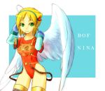  1girl angel_wings armor blonde_hair boots breasts breath_of_fire breath_of_fire_i gloves green_eyes hairband highres large_wings leotard nina_(breath_of_fire_i) short_hair small_breasts solo thigh-highs torisei8 white_wings wings 