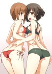  2girls akiyama_yukari ass asymmetrical_docking back bangs bare_shoulders bikini blush breast_press brown_eyes brown_hair commentary_request from_behind front-tie_top girls_und_panzer green_bikini looking_at_viewer looking_back messy_hair multiple_girls nishizumi_miho red_bikini short_hair side-tie_bikini smile swimsuit tamahiyo 