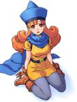  1girl alena_(dq4) boots cape curly_hair dragon_quest dragon_quest_iv dress gloves hat highres long_hair looking_at_viewer open_mouth orange_hair original pantyhose red_eyes short_dress simple_background sitting smile solo uchiu_kazuma white_background 