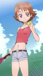  1girl ball looking_at_viewer manji_(tenketsu) midriff natsuki_rin navel precure racket red_eyes redhead short_hair shorts smile solo tennis tennis_ball tennis_racket yes!_precure_5 