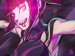  1girl bare_shoulders black_hair blurry breasts dudou erica_lahaie glowing glowing_eyes han_juri highres open_mouth outstretched_arms pink_eyes sidelocks signature smile solo street_fighter street_fighter_iv super_street_fighter_iv tongue tongue_out upper_body 